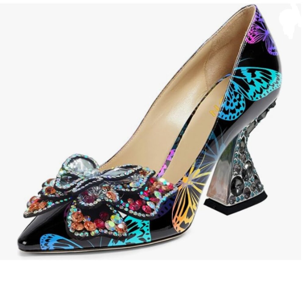 YDN Black Multicolor Butterfly Crystal Bow High Heels